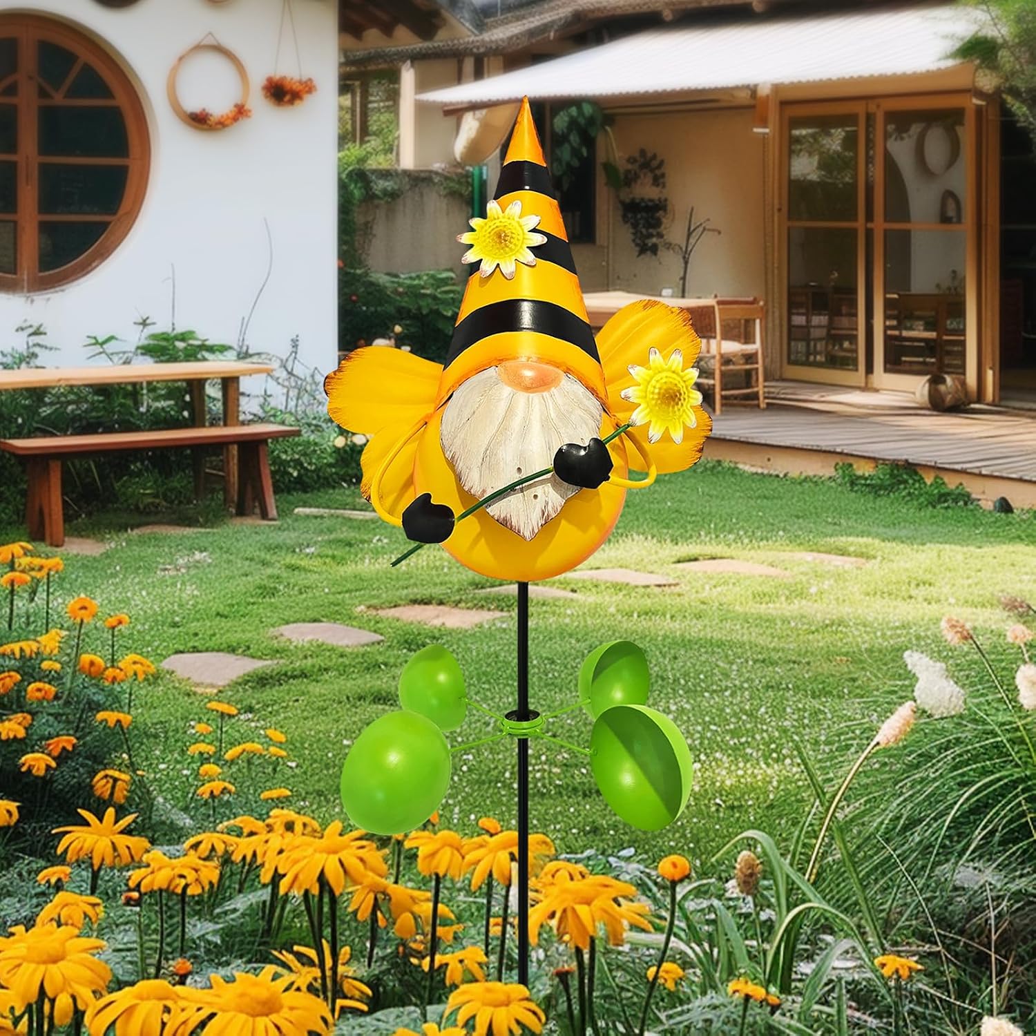 Gnome Metal Yard Art, Gnomes Garden Statue Outdoor Decor, 48 inch Gnome Decorations 360 Degrees Swivel Wind Spinner for Outdoor Patio Garden Backyard Décor - Bee