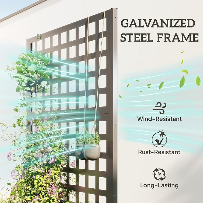 Outsunny Galvanized Raised Garden Bed with Trellis, Metal Planter Box with Drainage Holes, Outdoor Privacy Screen for Climbing Plants, Vegetable, Vines, 35" x 16" x 70", 2 Pack, Gray Wood Effect