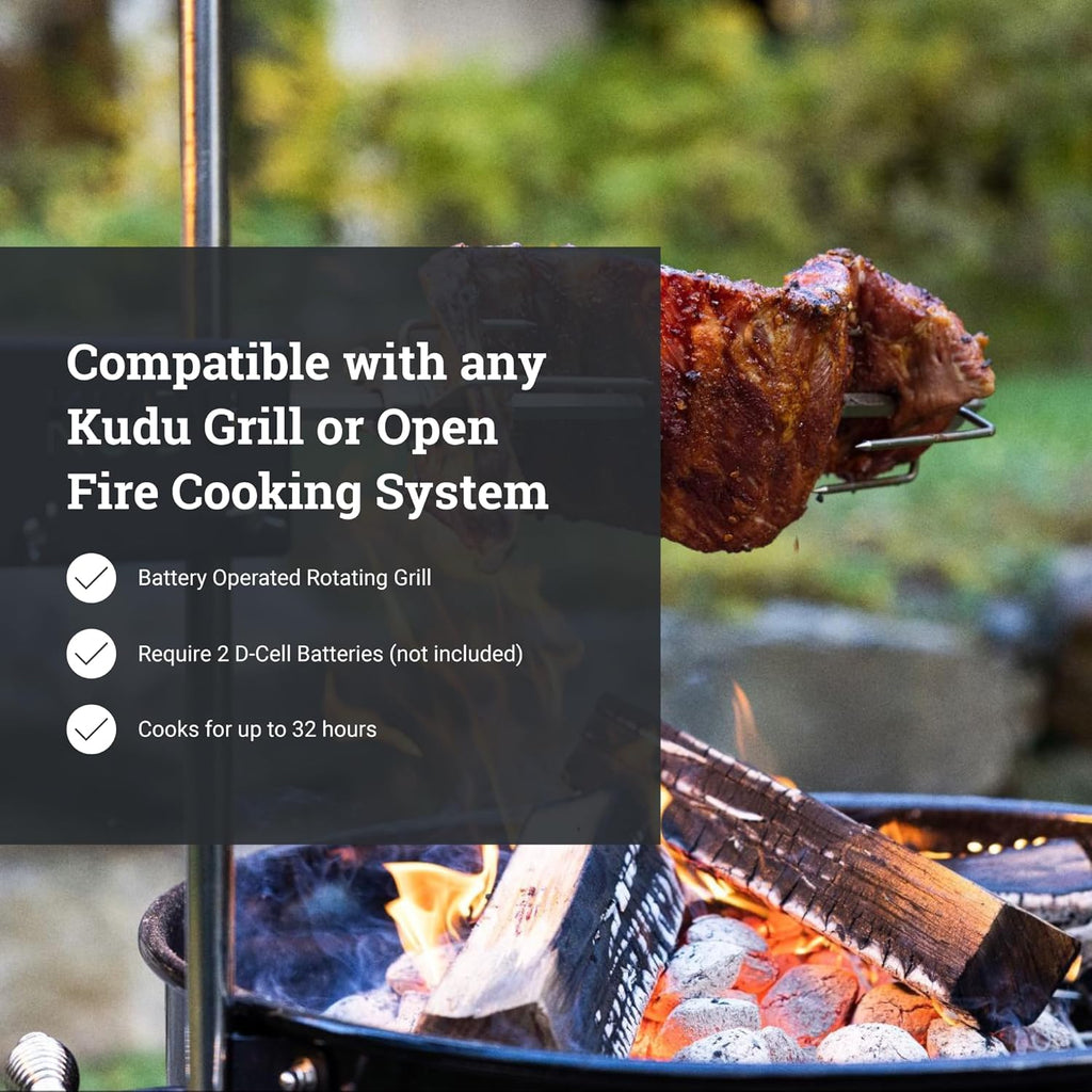 KUDU Rotisserie Kit - Stainless Steel Battery Powered Square Spit for Charcoal Grill 5/16 Inch Square Drive Spit