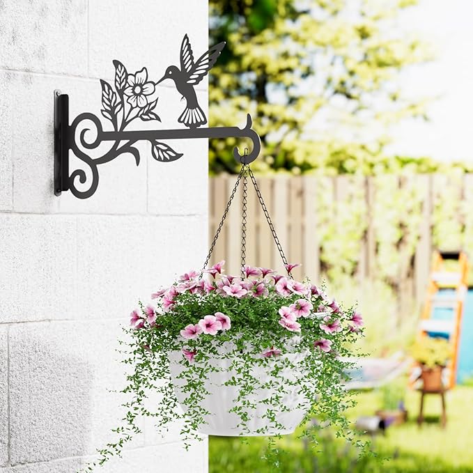 2-Pack Aesthetic Plant Hangers Outdoor – 10 Inch Metal Hanging Plant Bracket with Beautiful Hummingbird Pattern – Anti Rust Plant Hooks for Hanging Plants, Bird Feeder, Windchime, Lantern