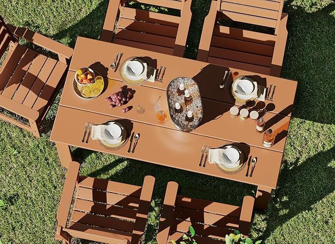 GREENVINES 5-Piece Outdoor Dining Set | HDPE | Patio Table and Chairs Sets for 4 | Patio Furniture | All Weather | Umbrella Hole | Teak | for Backyard Poolside Garden