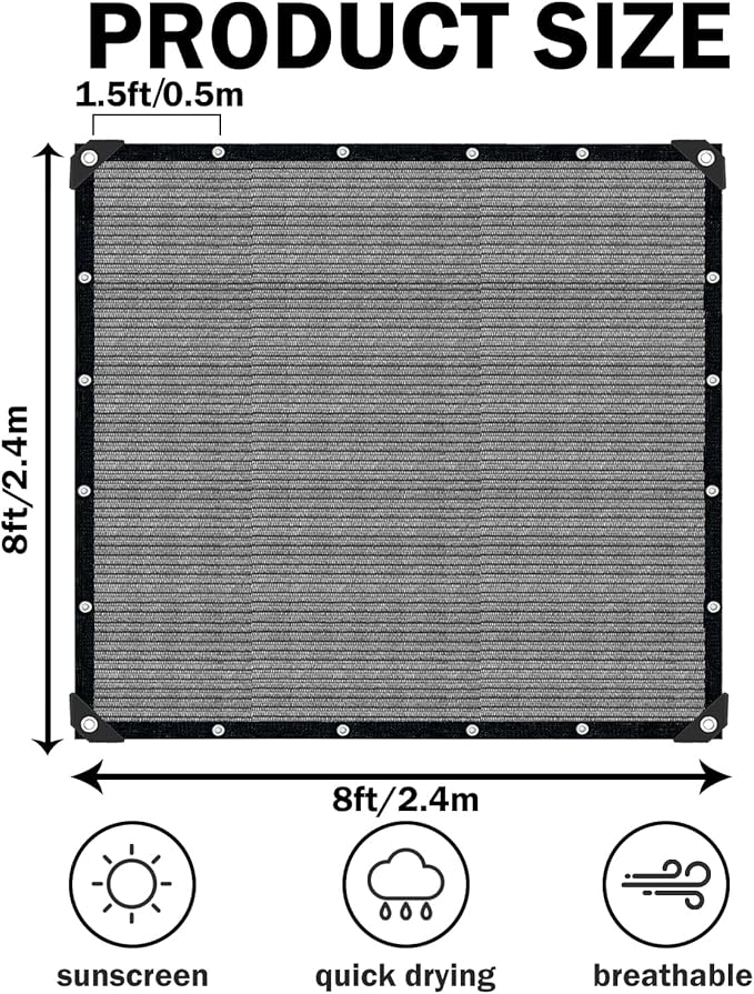 Sun Shade Cloth with Grommets,90% UV Protection Shade Fabric,Pergola Shade Cover Canopy Fence Privacy Screen Balcony,Sunshades for Patio Pergola Garden Backyard Porch Outdoor,Grey-8x8FT