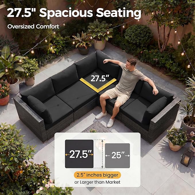 NICESOUL 11 Piece Modern L Shaped Outdoor Sofa Set, 29.3'' High Back Comfy Big Size Wicker Patio Modular Sectional with Table & Ottoman, Rattan Conversation Furniture, 2 Color Cushion Black & Gray