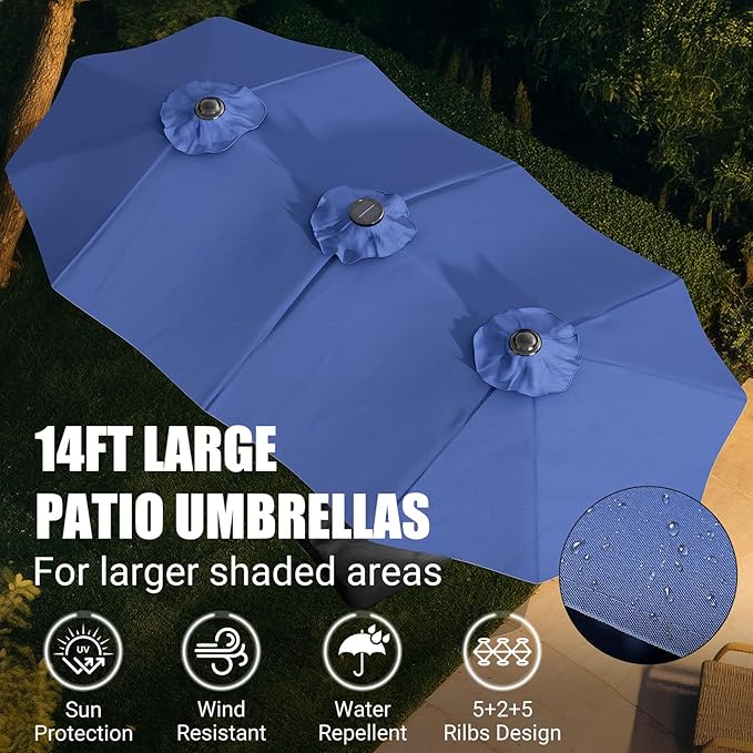 LEVELEVE 14FT Double-Sided Patio Umbrella with Base Included, Large Outdoor Rectangular Market Umbrella for Backyard, Poolside, Lawn & Garden,Blue