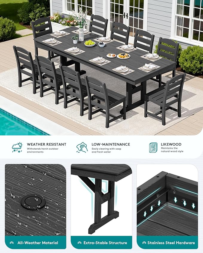 SERWALL Outdoor Dining Table, 84" Rectangular Dining Table for 6-10 Person, All Weather HDPE Outdoor Furniture for Backyard, Garden, Black