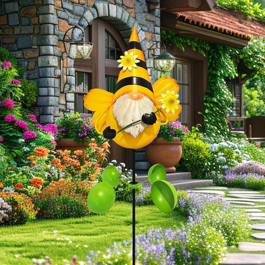 Gnome Metal Yard Art, Gnomes Garden Statue Outdoor Decor, 48 inch Gnome Decorations 360 Degrees Swivel Wind Spinner for Outdoor Patio Garden Backyard Décor - Bee