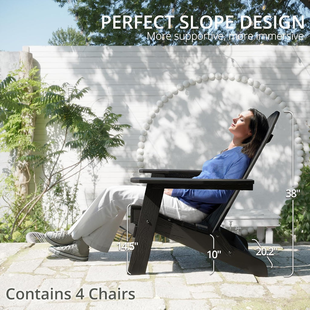 LUE BONA Folding Adirondack Chairs Set of 4, HDPS Fire Pit Chairs, Black | All-weather-resistant, ergonomic curved design, all-day comfortable sitting, HDPS Distinct texture & vibrant rich colors