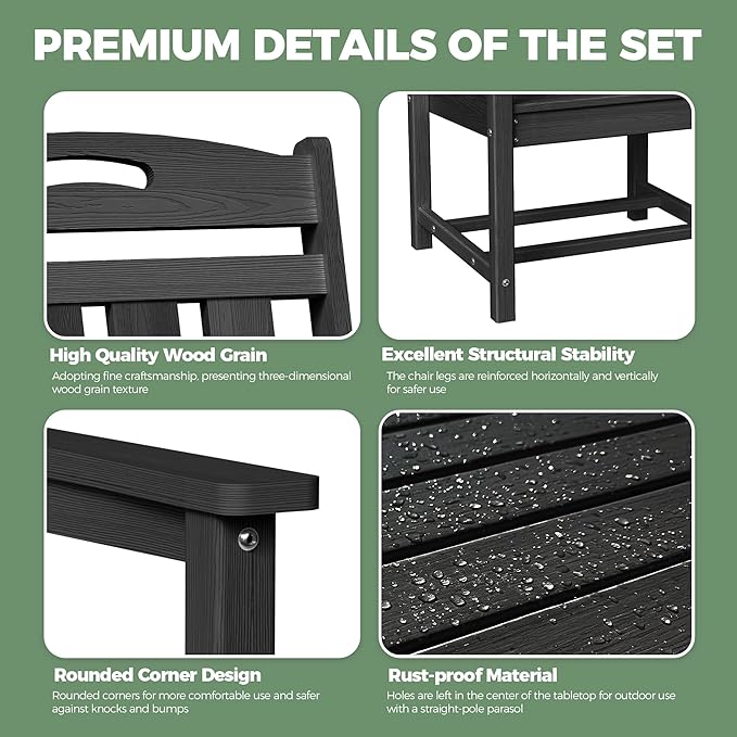 HDPE Outdoor Patio Dining Set with Table & 4 Chairs, All-Weather 5-Piece Outdoor Table and Chairs, 2" Umbrella Hole, Patio Furniture for Garden, Backyard, Deck | Matte Black