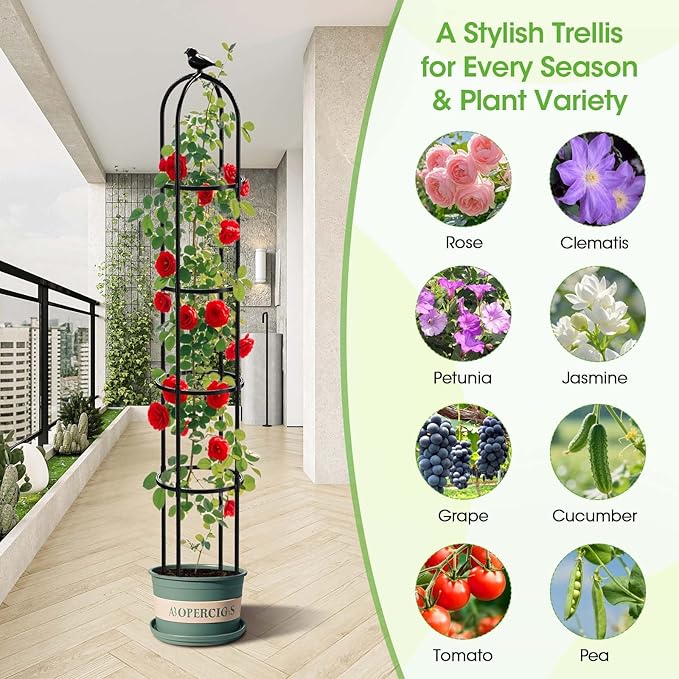 2026 Updated Garden Obelisk Trellis for Climbing Plants Outdoor, 76inch Tomato Cage, Rose, Flowers, Grape, Pea, Cucumber Trellis, Rustproof Plastic Coated Metal Plant Support Trellis for Potted Plants