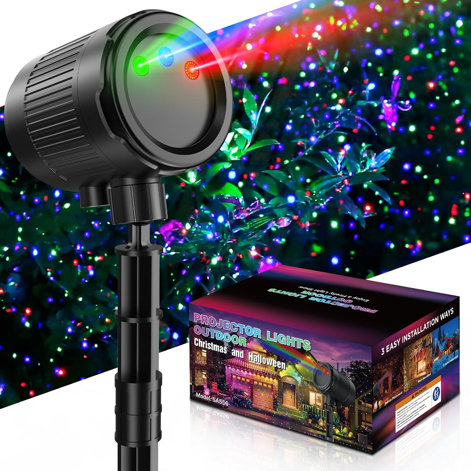 Christmas Projector Lights Outdoor, 3 Color Firefly Light Show, IP65 Waterproof Light Projector Outdoor with Remote Control and Timer, Indoor Projection Lights for House Garden Holiday Xmas Decor