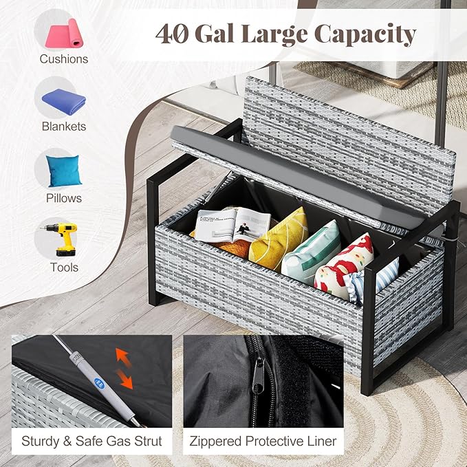 Tangkula 40 Gallon Outdoor Bench with Storage, Patio Wicker Storage Bench with Cushion, Cover, Metal Frame, Deck Box Seat for Backyard, Poolside, Balcony, Garden
