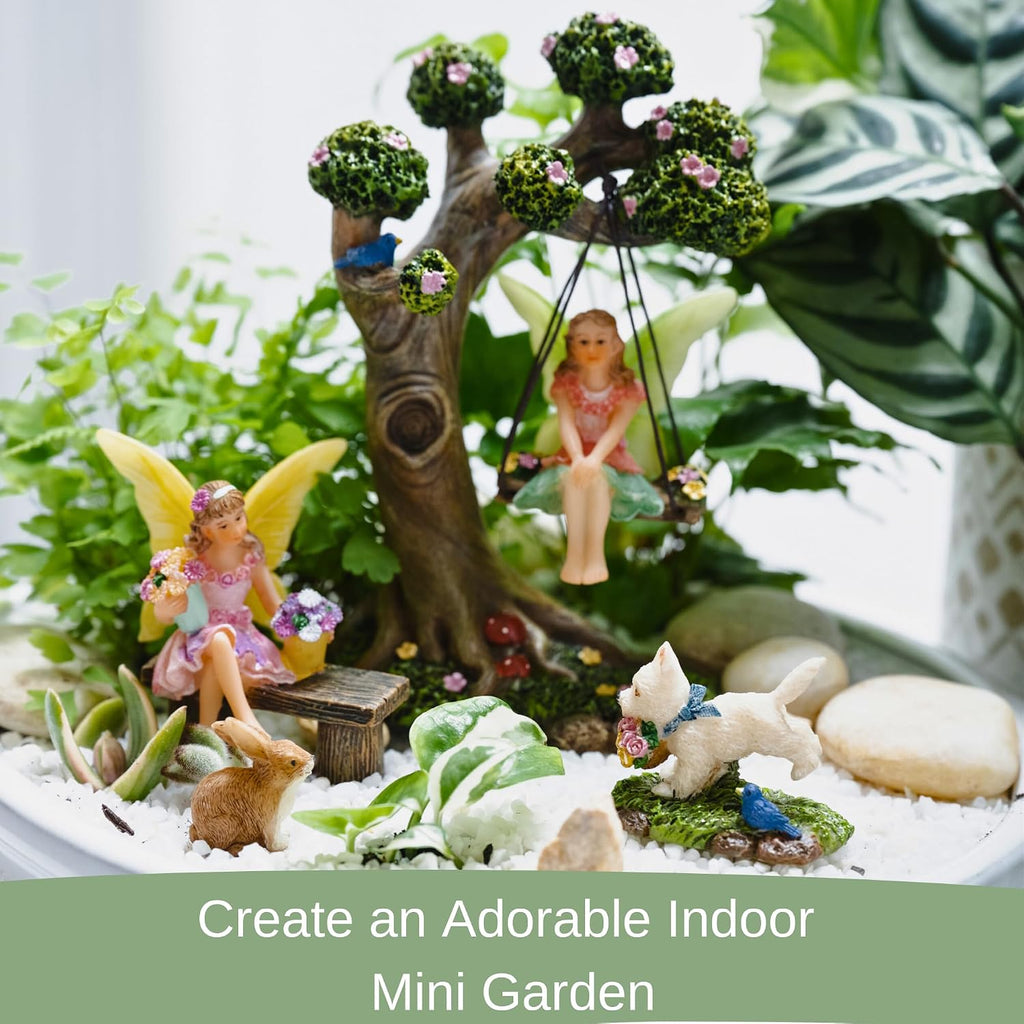 Fairies for Fairy Garden - 4 Piece Set with Tree Swing | Hand-painted resin; includes a puppy; indoor and outdoor use; miniature village ornaments and decor