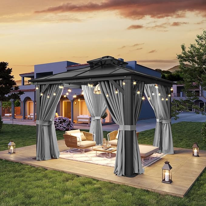 Aoxun 10'x10' Hardtop Gazebo, Outdoor Polycarbonate Double Top Canopy, Aluminum Frame Gazebo with Netting and Curtains, Sunshade for Patios, Gardens, Lawns, Gray