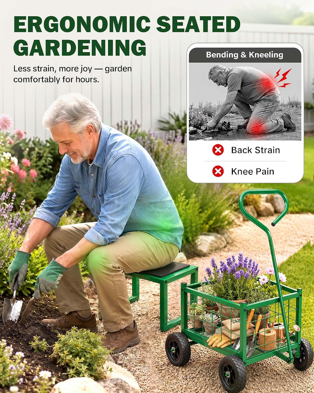 hulisen garden cart with detachable seat, rolling garden showing dimensions
