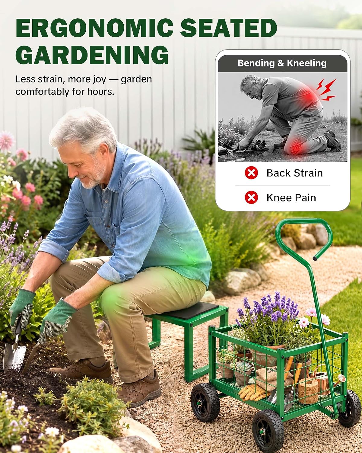 hulisen garden cart with detachable seat, rolling garden showing dimensions
