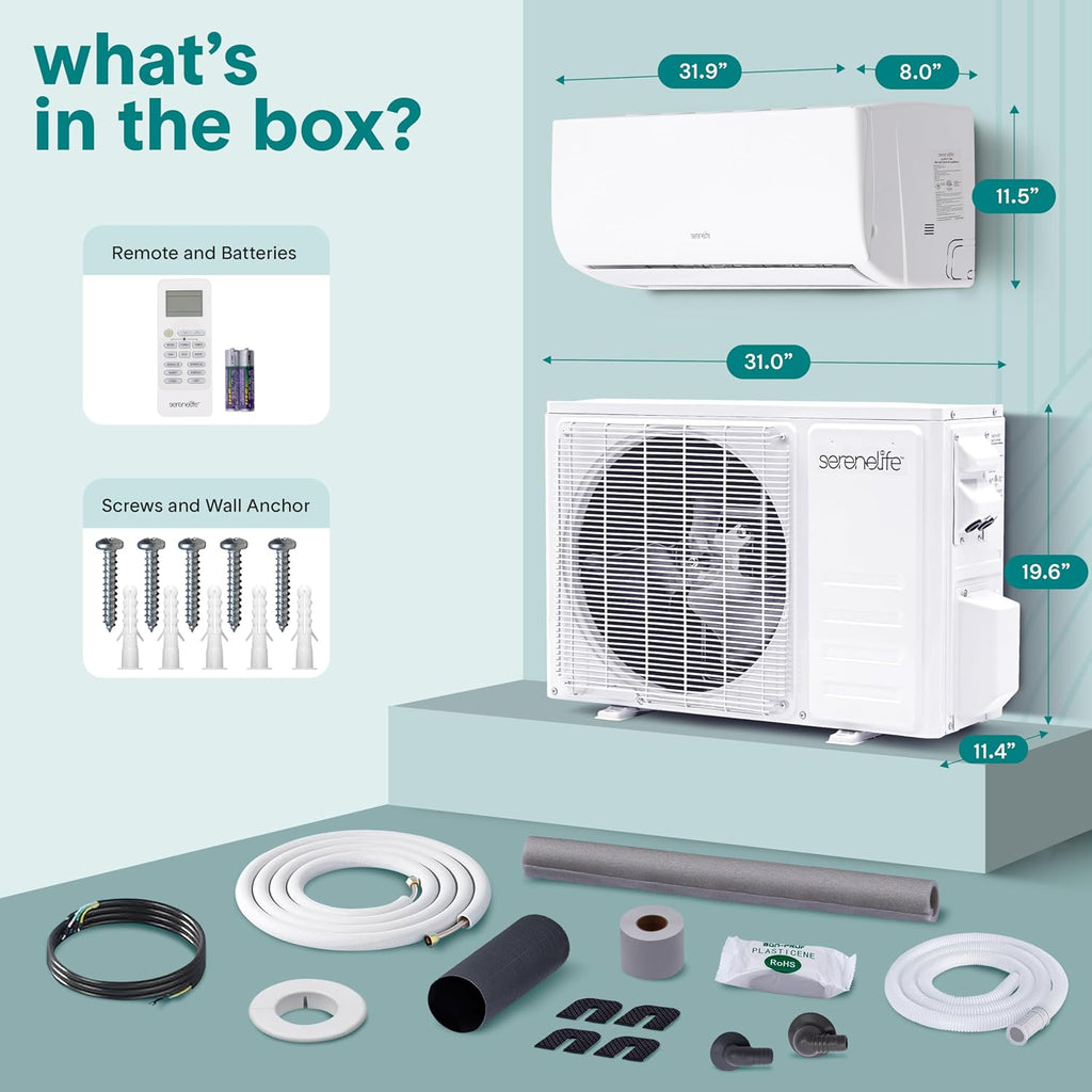 serenelife 12,000 btu mini split air conditioner &, front angle view