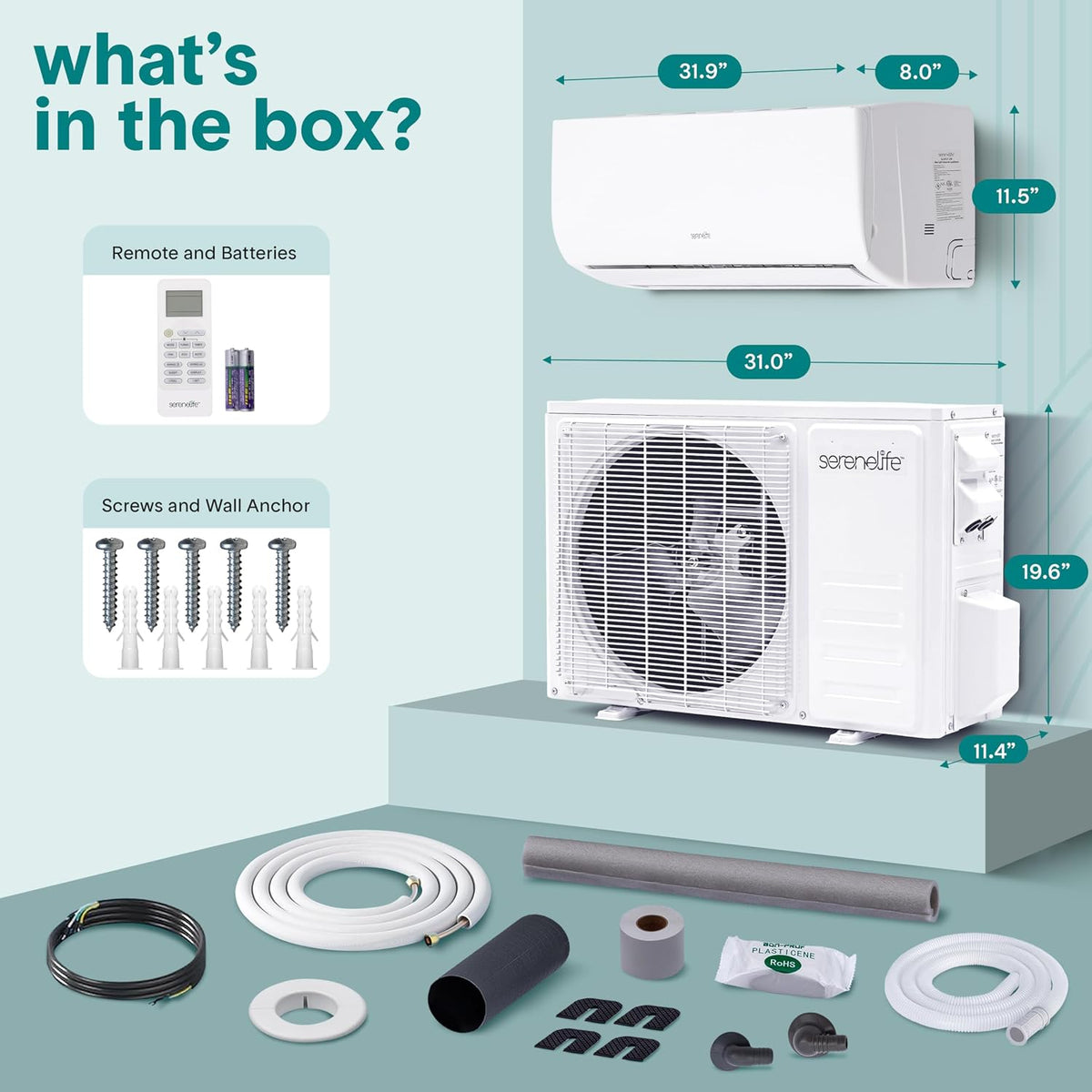 serenelife 12,000 btu mini split air conditioner &, front angle view