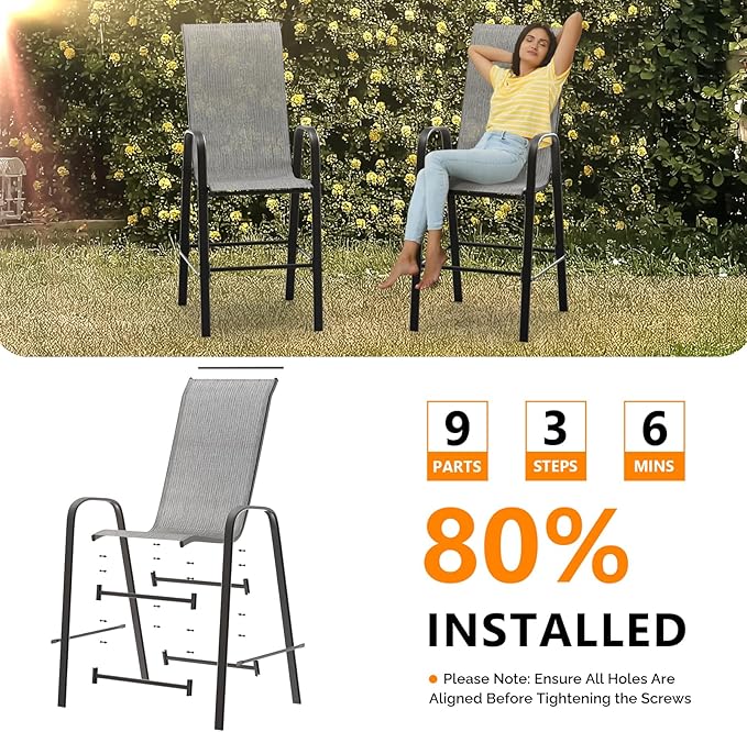 VINGLI Set of 6 Stackable Outdoor Bar Stools – Sling Chairs with High Back & Armrests, for Lawn, Garden, Bar, Grey