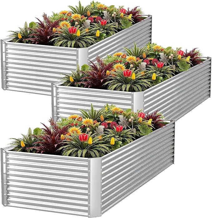 FRIZIONE 3pcs Tall 4x2ft Galvanized Raised Garden Bed Outdoor,Steel Garden Bed for Vegetables,Above Ground Garden Box for Flower,Metal Raised Beds for Gardening