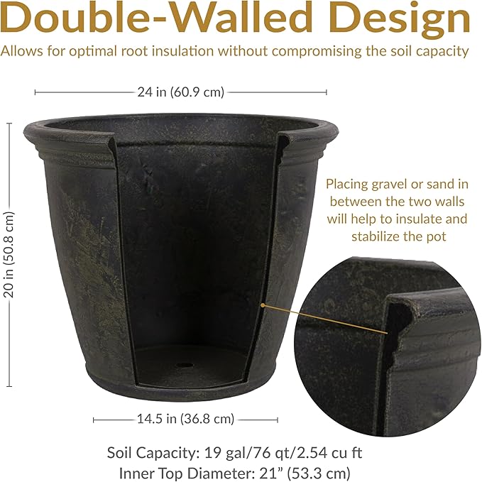 Sunnydaze 24-Inch Anjelica Large Plastic Pot for Plants - Outdoor Double-Walled Large Plastic Planter with Drillable Drainage Holes - Sable