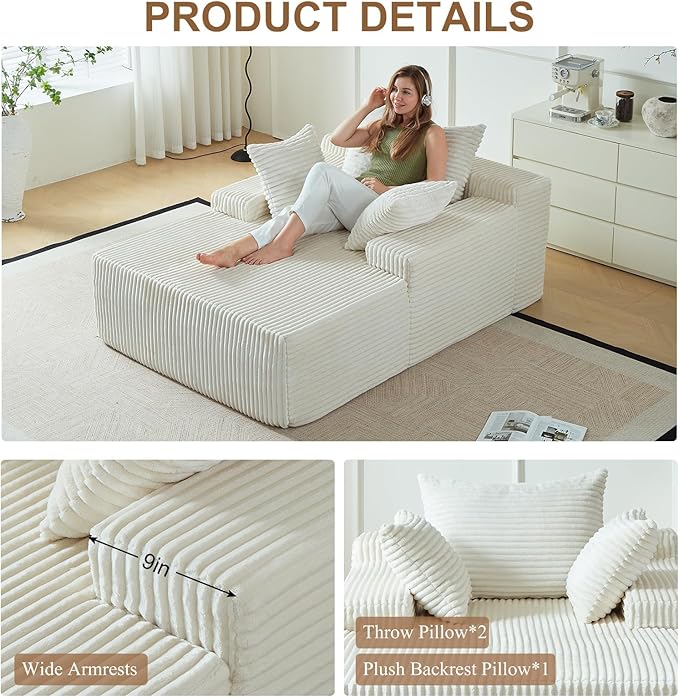 67 Inch Chaise Lounge Chair Indoor, Oversized Upholstered Boneless Sofa Bed, Corduroy Deep Seat Sleeper Couch Reading Chairs, Comfy Cloud Sofas Couches for Living Room, No Assembly Required (Beige)