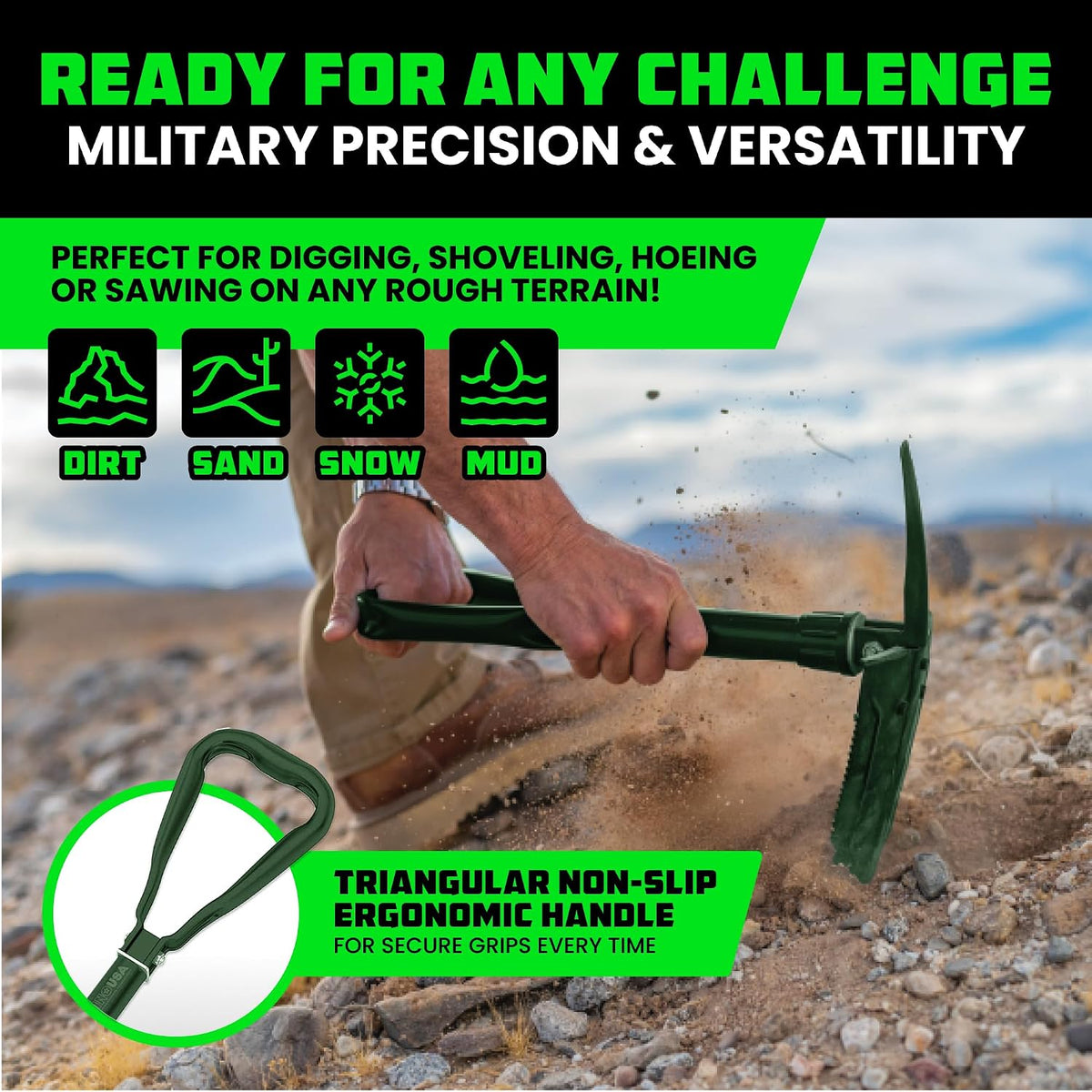 rhino usa folding survival shovel with pick, side view