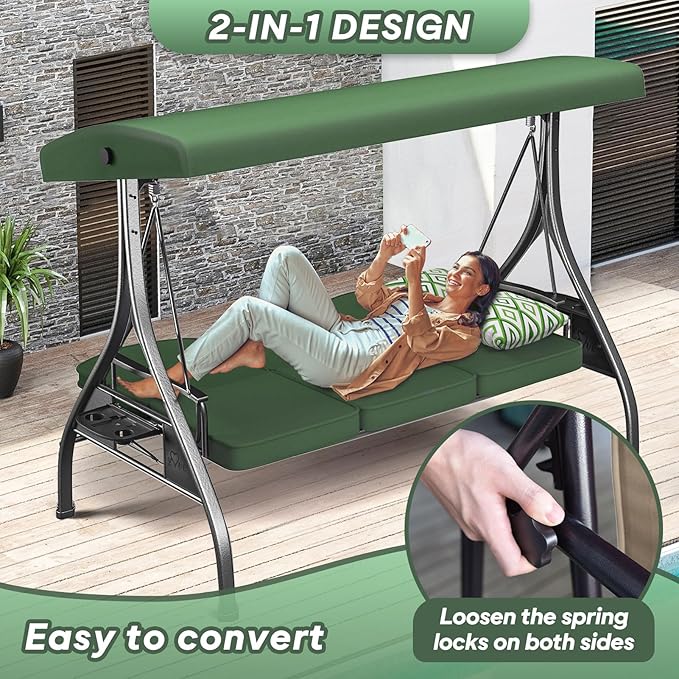 3 Seat Outdoor Porch Patio Swing with Stand 800lbs 2-in-1 Convertible Swing Bed with Adjustable Canopy & Removable Cushion for Yard Garden Deck (Green, Square Tube)