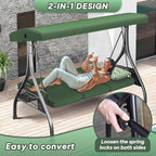 3 Seat Outdoor Porch Patio Swing with Stand 800lbs 2-in-1 Convertible Swing Bed with Adjustable Canopy & Removable Cushion for Yard Garden Deck (Green, Square Tube)