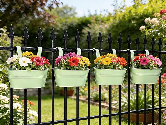 Balcony Hanging Planters Flower Pots, 10" Metal Flower Pots for Outdoor Balcony Rails, Fence Pot Hanging Plant Holders with Detachable Hooks for Garden Patio Yard Decor (Mint Green, 6Pcs)