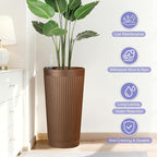 24in Tall Self-Watering Planters Set of 2 - Brown Flower Pots with Water Level Monitor, Non-Toxic Plastic Planters for Indoor Outdoor Patio, Porch, Living Room, Home Office