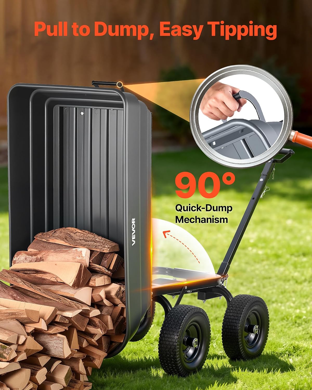 vevor 7 cu.ft 1200lbs poly garden cart dump showing dimensions
