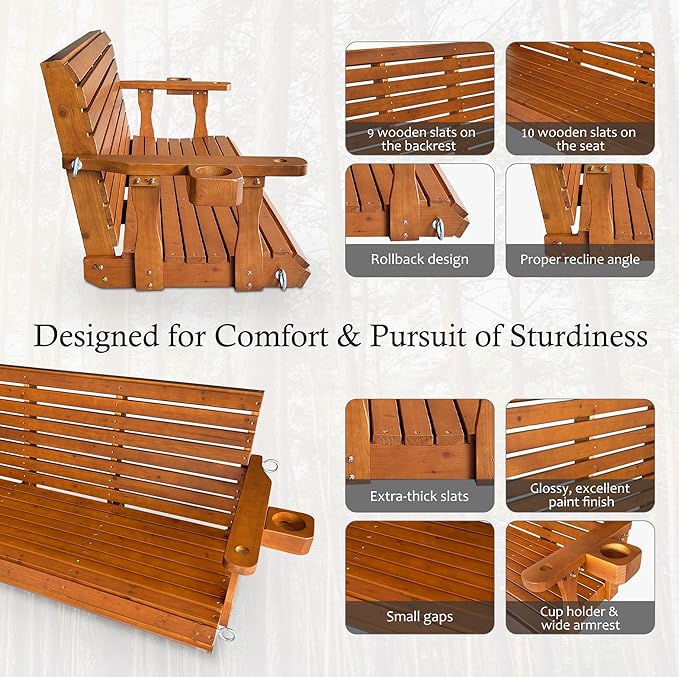 Wooden Porch Swing 3-Seater, Bench Swing with Cupholders, Hanging Chains and 7mm Springs, Heavy Duty 800 LBS, for Outdoor Patio Garden (Warm Teak Color, 5 FT Extra Large)