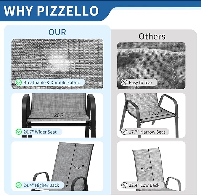 PIZZELLO Patio Chairs Set of 6 - Outdoor Stackable Dining Chairs for All Weather - Lightweight Textilene Outdoor Chair Sets with Armrests - 330Lbs Capacity - for Backyard Garden Porch Poolside (Grey)
