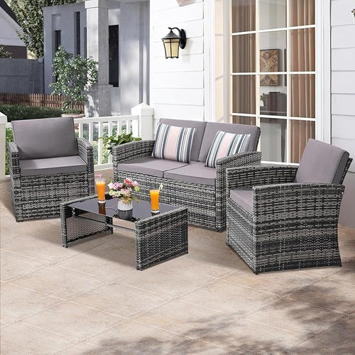 4-Piece Patio Furniture Set, Wicker Outdoor Rattan Sectional Sofa with Cushions and Glass Table, All-Weather Outdoor Conversation Set, Ideal for Garden, Porch, Backyard, Grey