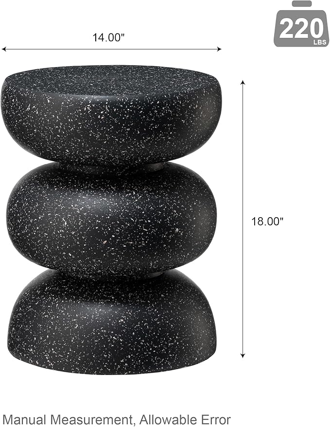 Glitzhome Outdoor Side Table, 18" H Decorative Garden Stool MGO Faux Terrazzo End Table, Heavy Duty Indoor Outdoor Round Planter Stand for Living Room Bedroom Patio Deck Poolside,Black