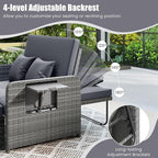 LDAILY Moccha Outdoor Daybed, Wicker Loveseat Sofa Set with 4-Postion Adjustable Backrest, Storage Ottoman, Cushions, Rattan Double Bed Lounger, Patio Furniture Set (Mixed Gray+Gray)