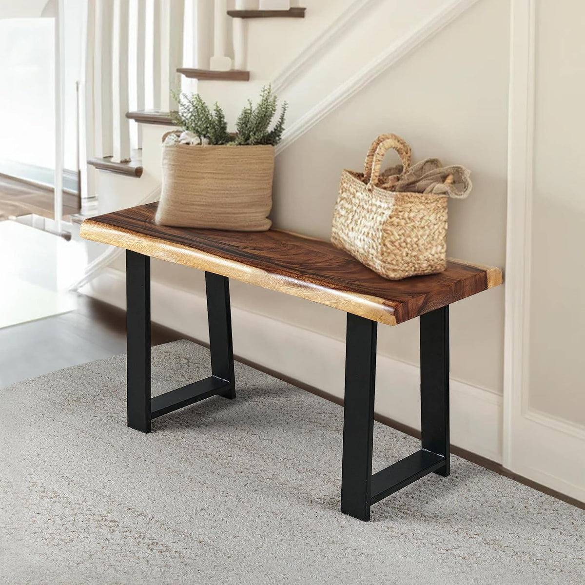 rustic live edge natural solid wood bench 32", side view