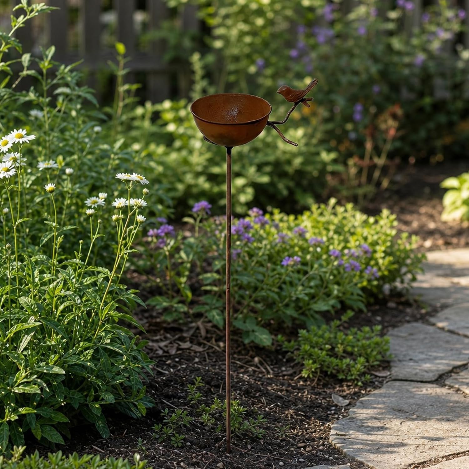32 Inch Rain Catcher Garden Stake, Antique Iron Metal Water Bowls Bird Bath and Bee Watering Station, Decorative Flower Bed Rainwater Collector Bird Water Feeder for Outdoor Yard Art Decor