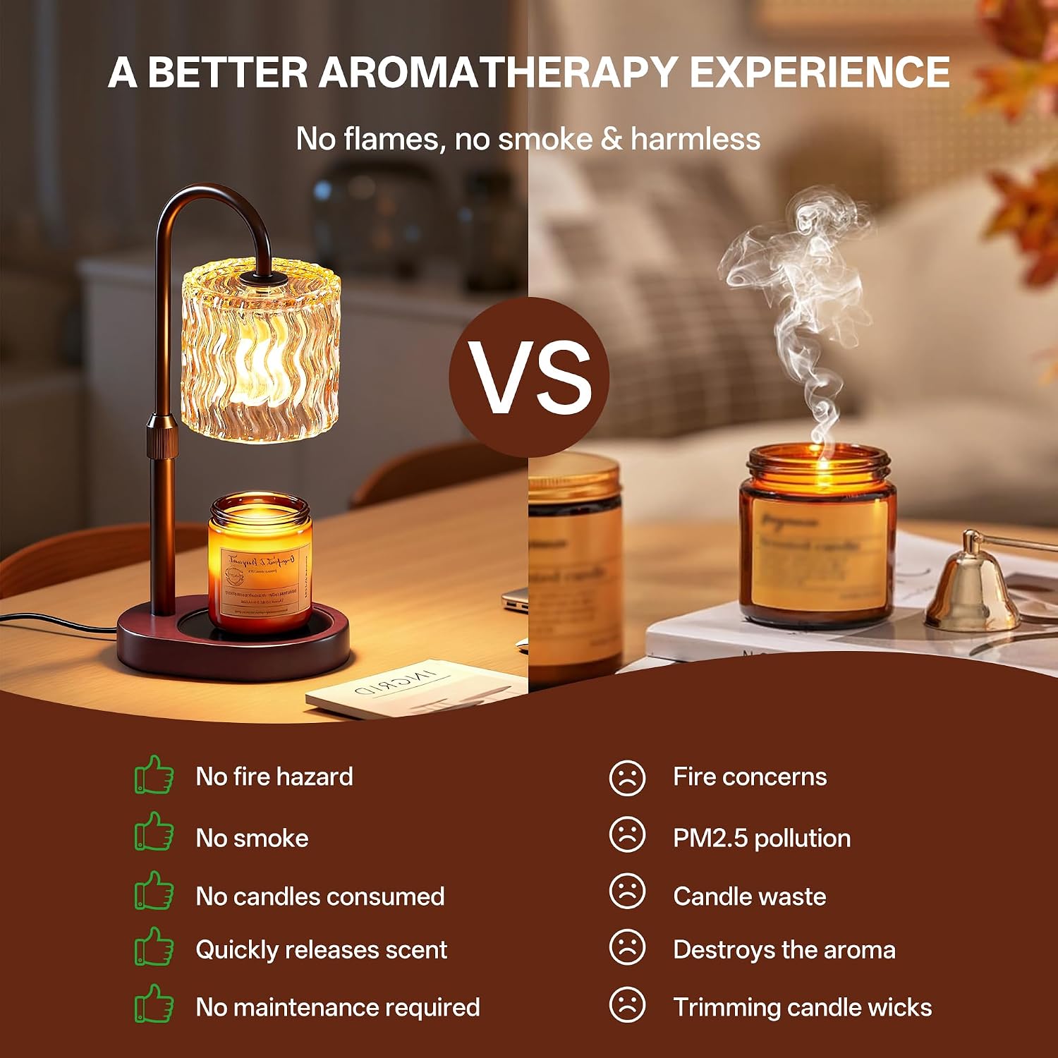 Homelist Candle Warmer Lamp Adjustable Height, with Timer & Dimmer, Black | Decorative Wax Warmer Lamp with Ripple Glass Shade, Cozy Bedroom Home Decor/Housewarming Gift for Women/Sister/Wife