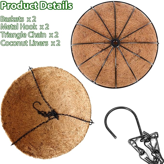 Hanging Baskets Planter for Plants - 2 Pack 10 Inch Metal Baskets with Coco Coir Liner, Hanging Flower Pots for Outside with Chain, Indoor Outdoor Garden Porch Decoration (10'' Pack of 2)