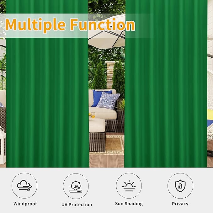 Easy-Going Outdoor Patio Curtains Detachable Tab Top Windproof Weatherproof Curtain for Cabana, Porch, Pergola and Gazebo, Tab Bottom Drape, 2 Panels, 54W x 96L inch, Green