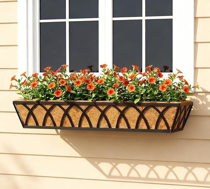 30 Inch Window Deck with Coco Liner, Fence Metal Hanging Flower Planter Window Basket Deck Railing Planter Boxes for Outdoor Garden Lawn，30" Window Boxes Horse Trough with Coconut Coir Liner, 2pcs