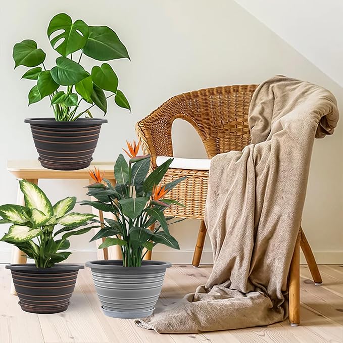 12 Inch Plastic-Flower Pot-for-Indoor Plants, 3 Pack Large planters for Outdoor Plants with Drainage Holes & Saucers, Retro Antique Imitation Decorative Garden Pots Planters