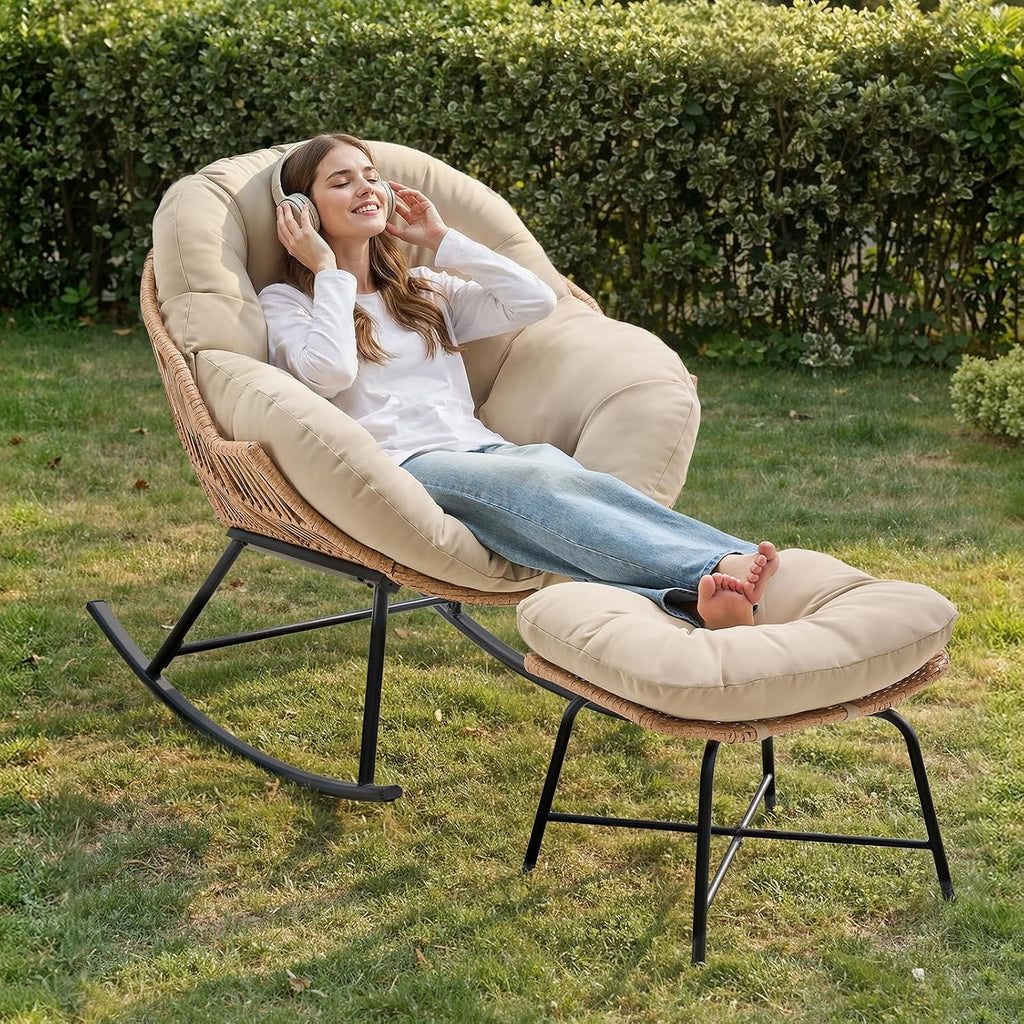 Papasan Rocking Chair with Ottoman, Oversized Papasan Chair, Beige | Indoor & Outdoor Rocker Chair with Padded Cushion for Living Room, Patio, Garden