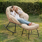 Papasan Rocking Chair with Ottoman, Oversized Papasan Chair, Beige | Indoor & Outdoor Rocker Chair with Padded Cushion for Living Room, Patio, Garden