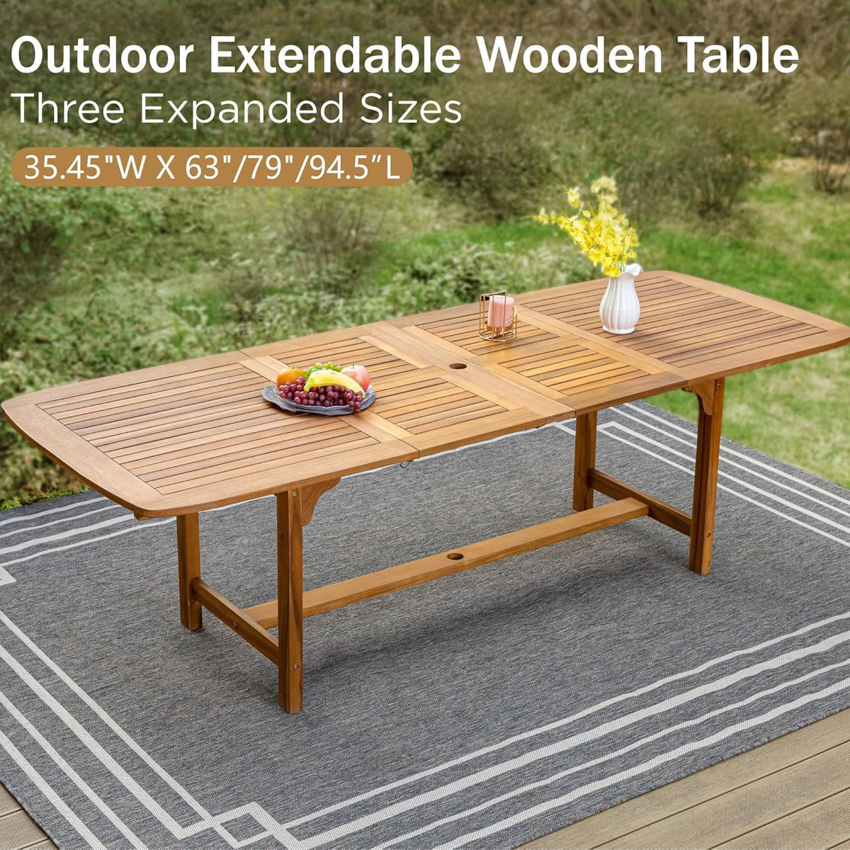 phi villa teak outdoor table, expandable wood table, close-up detail