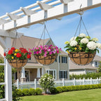 Outdoor Metal Hanging Planters Basket (2pack, 14 inch) Hanging Baskets for Plants Chain Round Wire Plant Holder with Coco Fiber Liners for Garden, Patio, Deck, Porch(Flower Border)