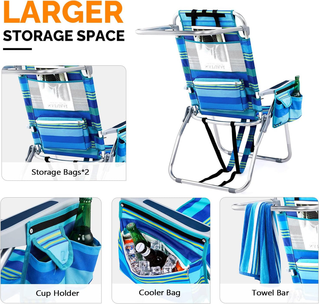 16" Tall Beach Chairs for Adults,2-Pack Lightweight Backpack Chair with 5-Position,Cooler Bag,Cup Holder,Towel Rack，Suitable for Camping Pool Patio Lawn Outdoor Travel