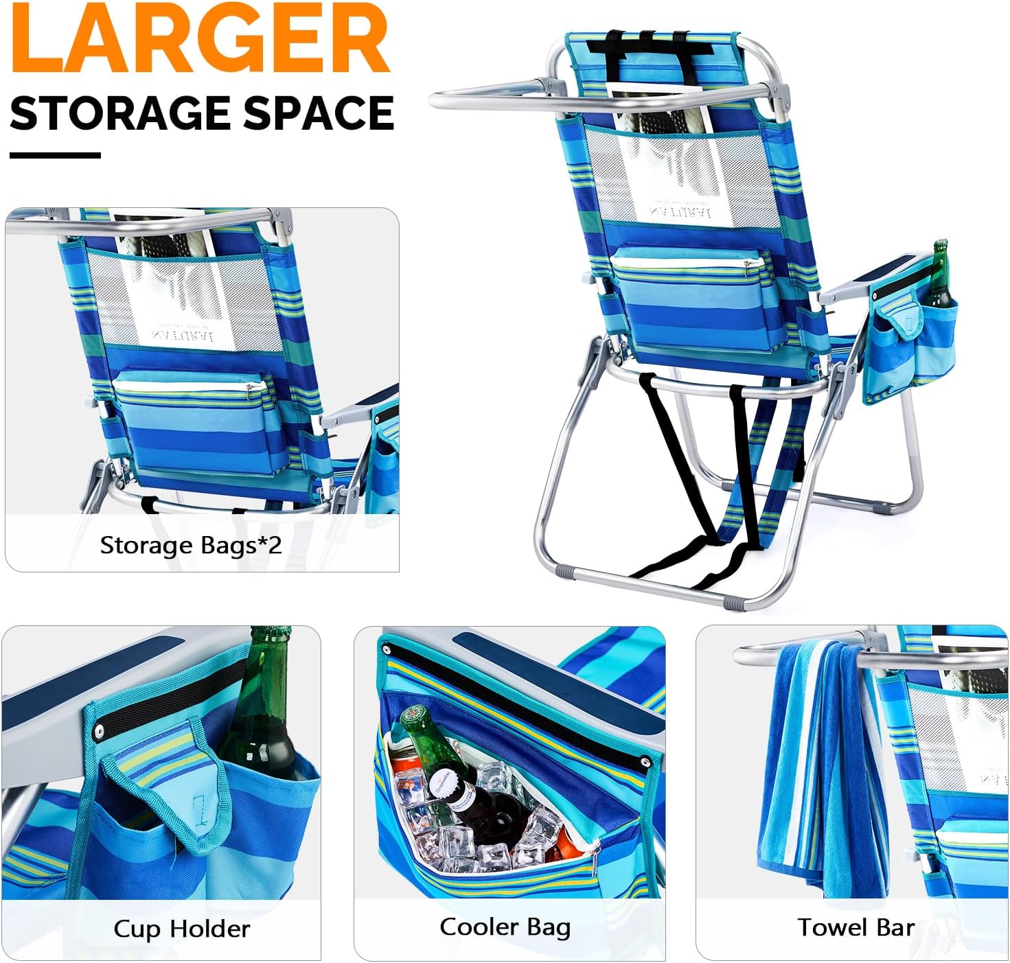 16" Tall Beach Chairs for Adults,2-Pack Lightweight Backpack Chair with 5-Position,Cooler Bag,Cup Holder,Towel Rack，Suitable for Camping Pool Patio Lawn Outdoor Travel