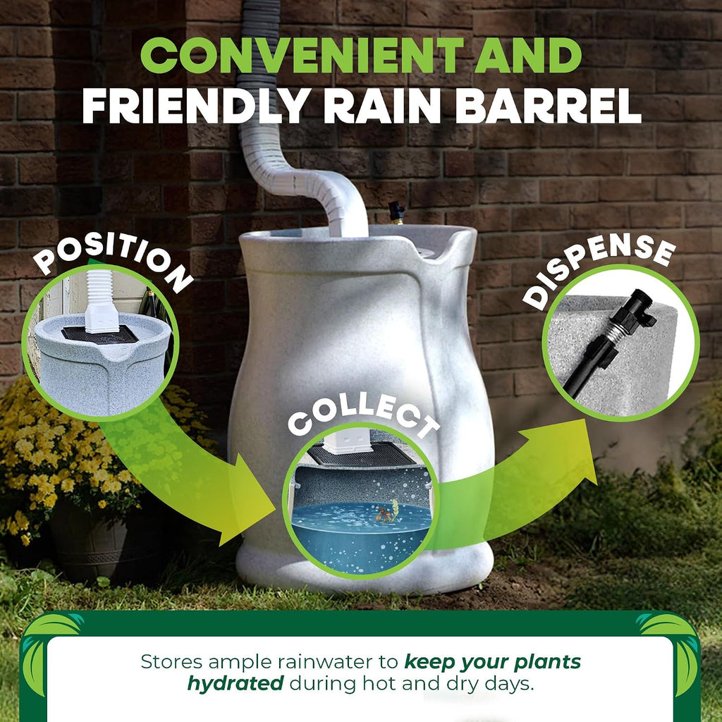 FCMP Outdoor Catalina 45-Gallon Rain Barrel – BPA-Free Flat-Back Design with 3.5 Foot Garden Hose, Shut-Off Thumb Valve, and Fixed Lid (RB-CAT-LTGRNT) Light Granite | BPA-Free Flat-Back Design with 3.5 Foot Garden Hose, Shut-Off Thumb Valve, and Fixed Lid